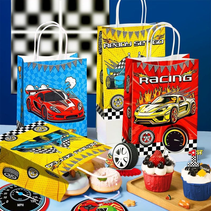 JOYGATHER 24 Pcs Racing Car Party Favor Bags with Handles - Race Car Goodie Bags Gift Bags. Checkered Two Fast Theme Candy Bags for Kids, Kraft Paper Bags for Birthday Party Supplies Decorations - Image 4